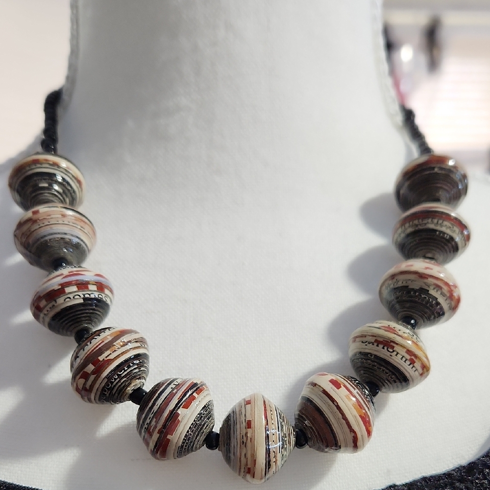 Handcrafted Striped Paper Bead Necklace — Neutral & Red Accents